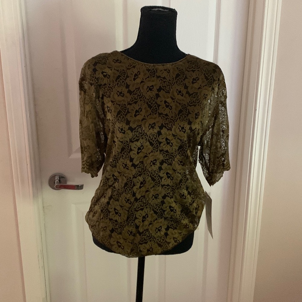 NWT 80s 90s Vtg Barbara Lesser olive green metallic see thru lace festival top S